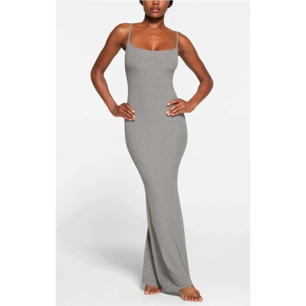Skims Dress Medium Soft Lounge Long Slip Maxi Ribbed Bodycon Gray Lounge Travel
